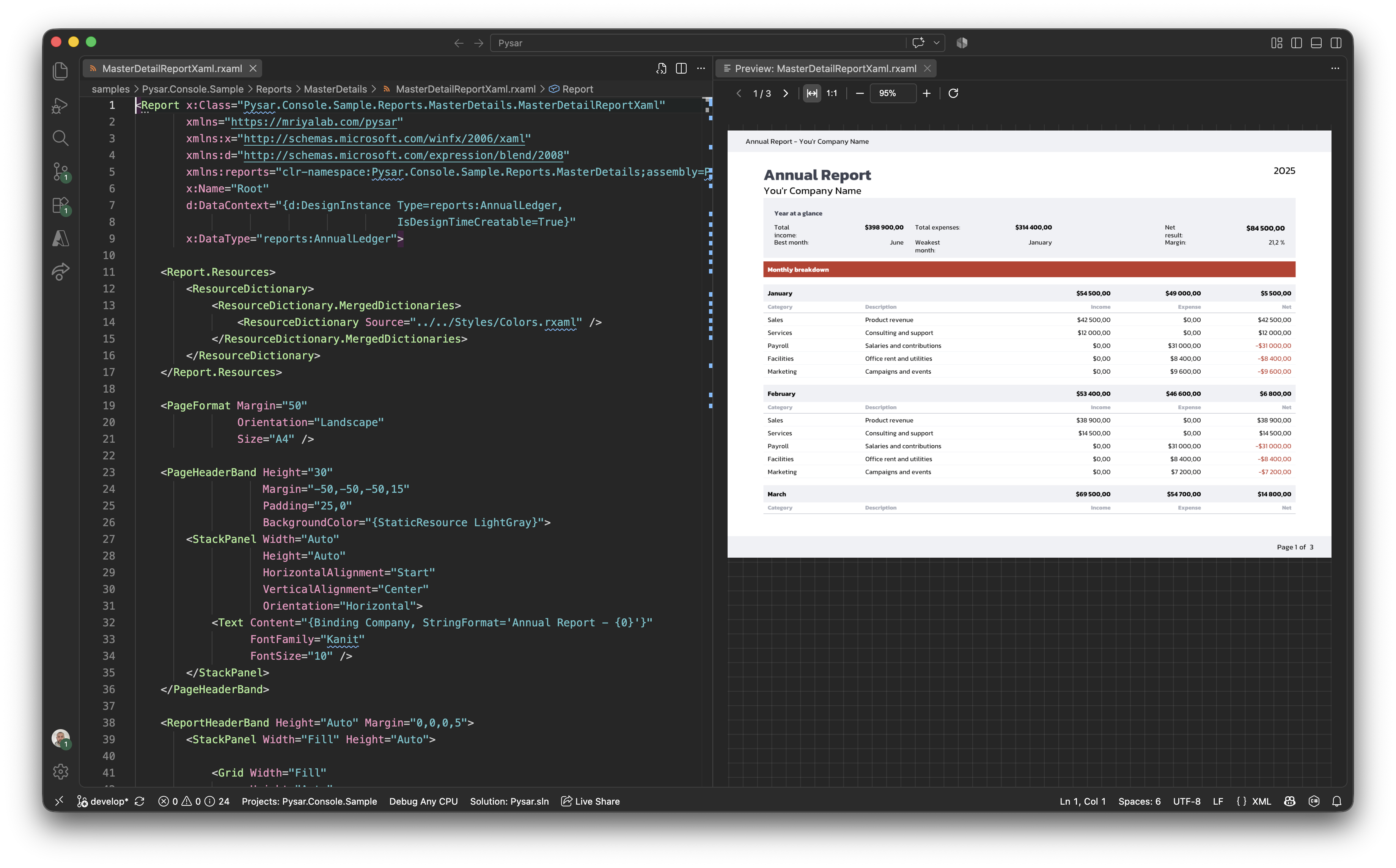 Early Pysar.Design preview pane in VS Code, showing a .rxaml source file next to a rendered report preview